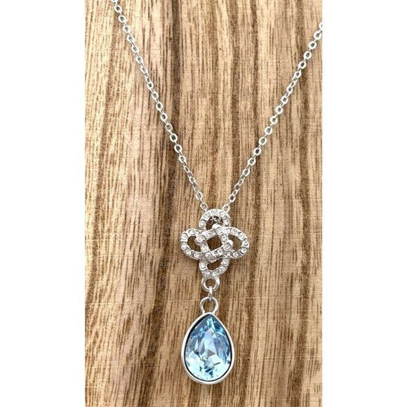Blue & Clear Swarovski Crystal Teardrop Pendant 16" Silver-tone Necklace Swan - Picture 3 of 7
